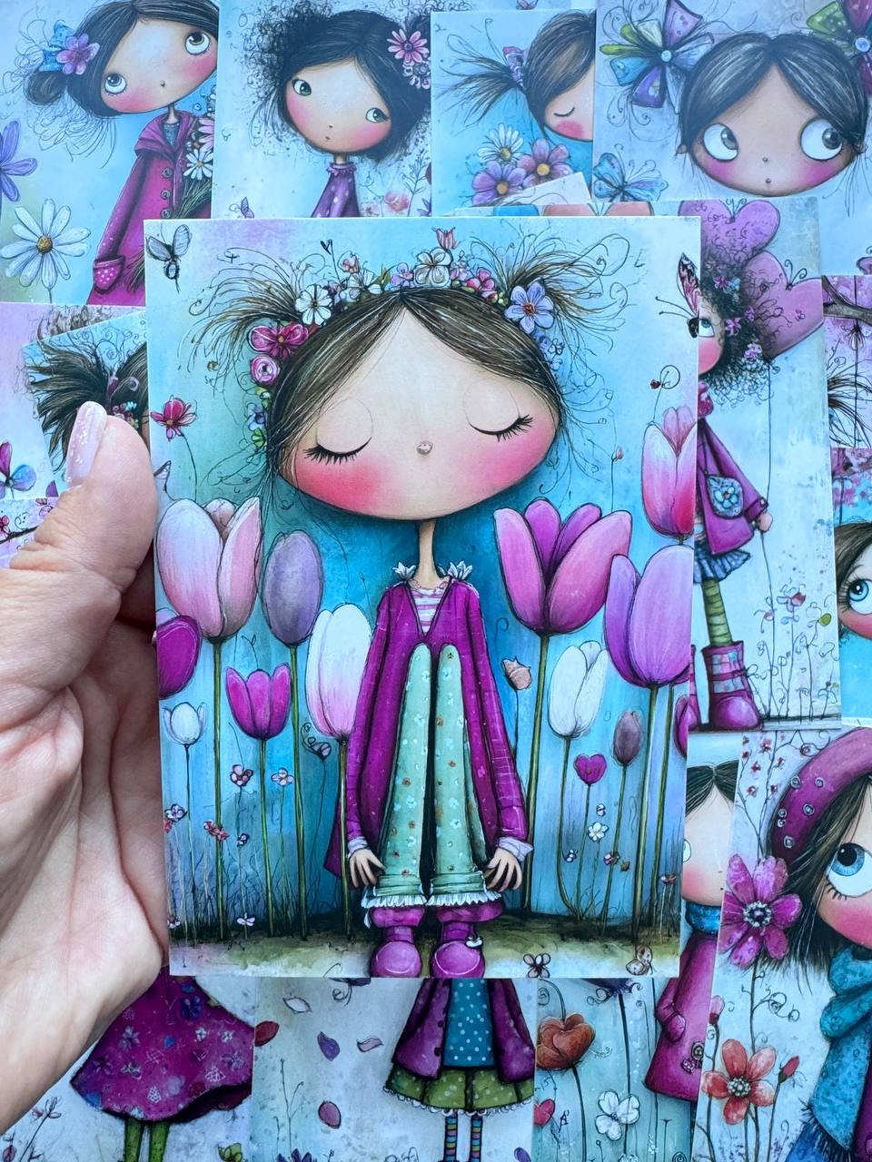 Set of 20 Whimsical Girl Postcards, Cute Floral Art Card Set, Junk Journal Ephemera, Scrapbooking Cards, Collage Paper Pack, Gift