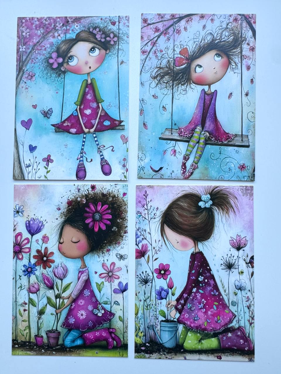 Set of 20 Whimsical Girl Postcards, Cute Floral Art Card Set, Junk Journal Ephemera, Scrapbooking Cards, Collage Paper Pack, Gift