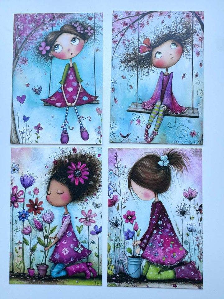 Set of 20 Whimsical Girl Postcards, Cute Floral Art Card Set, Junk Journal Ephemera, Scrapbooking Cards, Collage Paper Pack, Gift