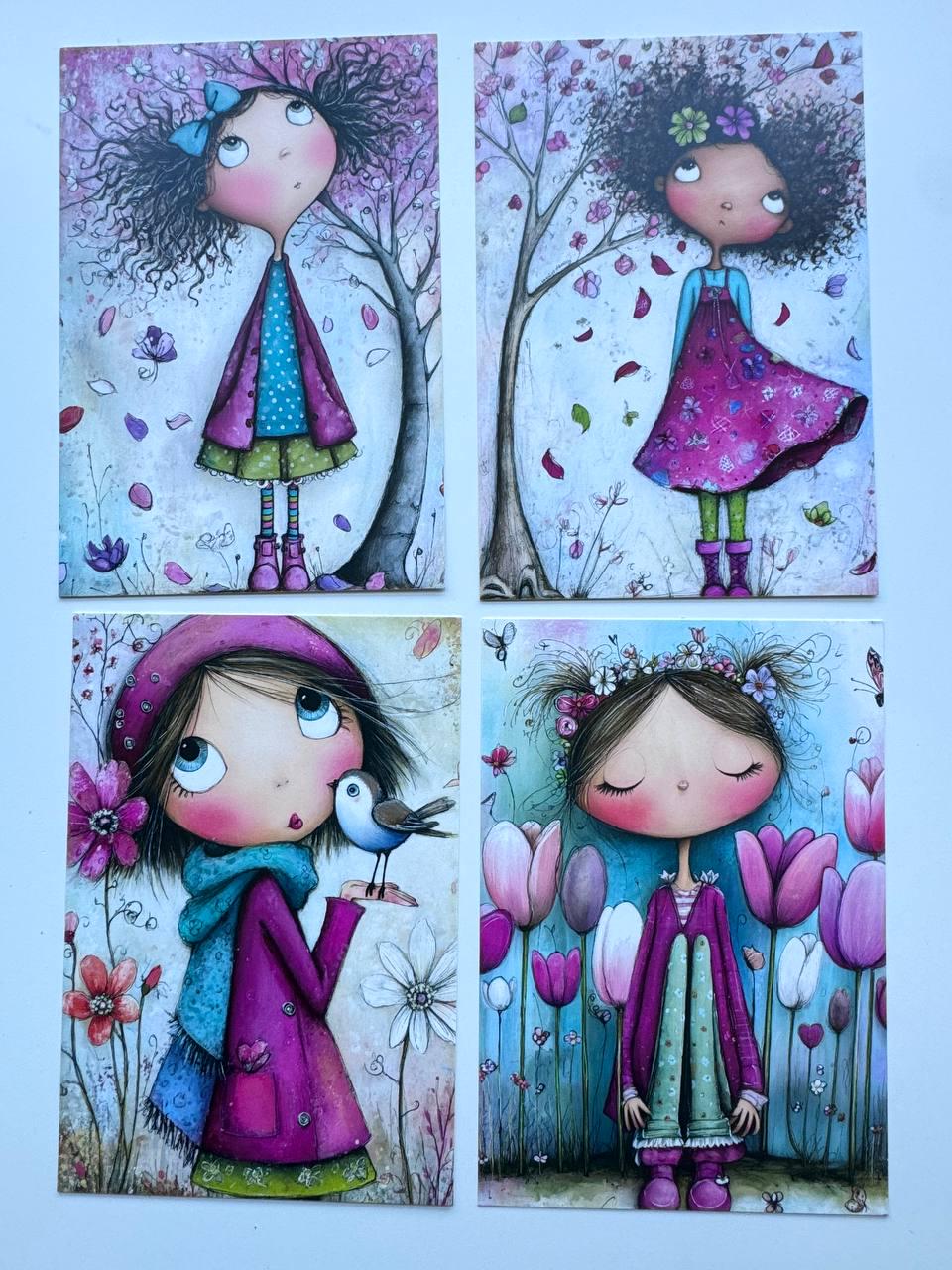 Set of 20 Whimsical Girl Postcards, Cute Floral Art Card Set, Junk Journal Ephemera, Scrapbooking Cards, Collage Paper Pack, Gift