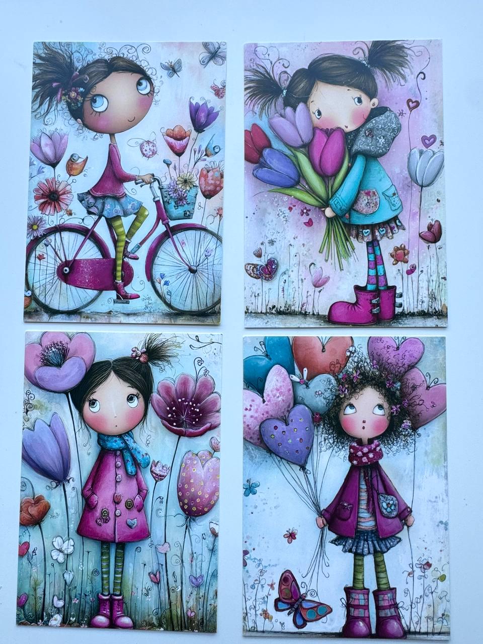Set of 20 Whimsical Girl Postcards, Cute Floral Art Card Set, Junk Journal Ephemera, Scrapbooking Cards, Collage Paper Pack, Gift
