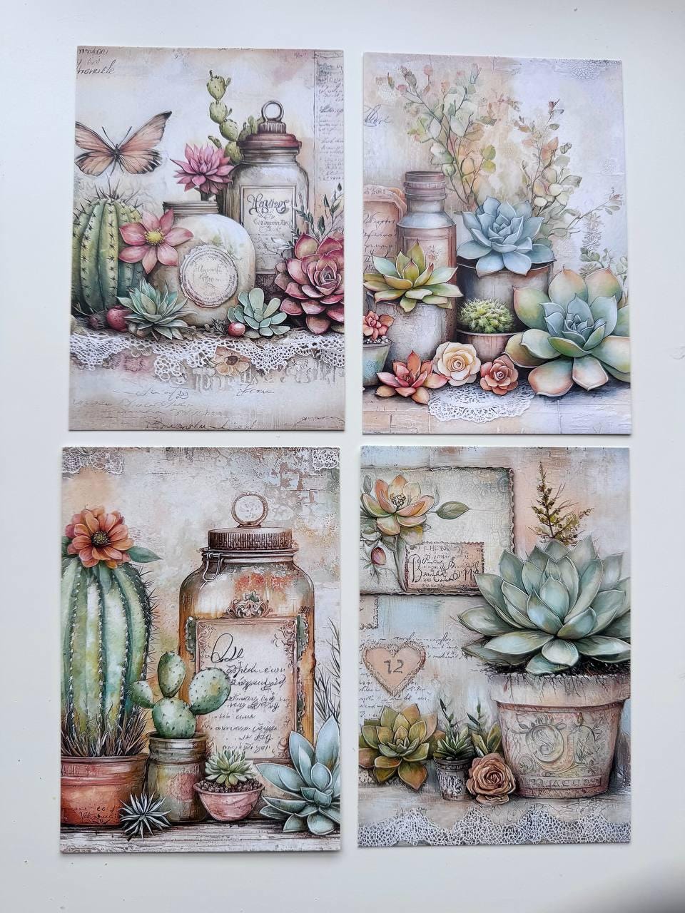 Set of 20 Succulent & Cactus Postcards, Vintage Botanical Cards, Junk Journal Ephemera, Scrapbooking Supplies, Cottagecore Paper Cards