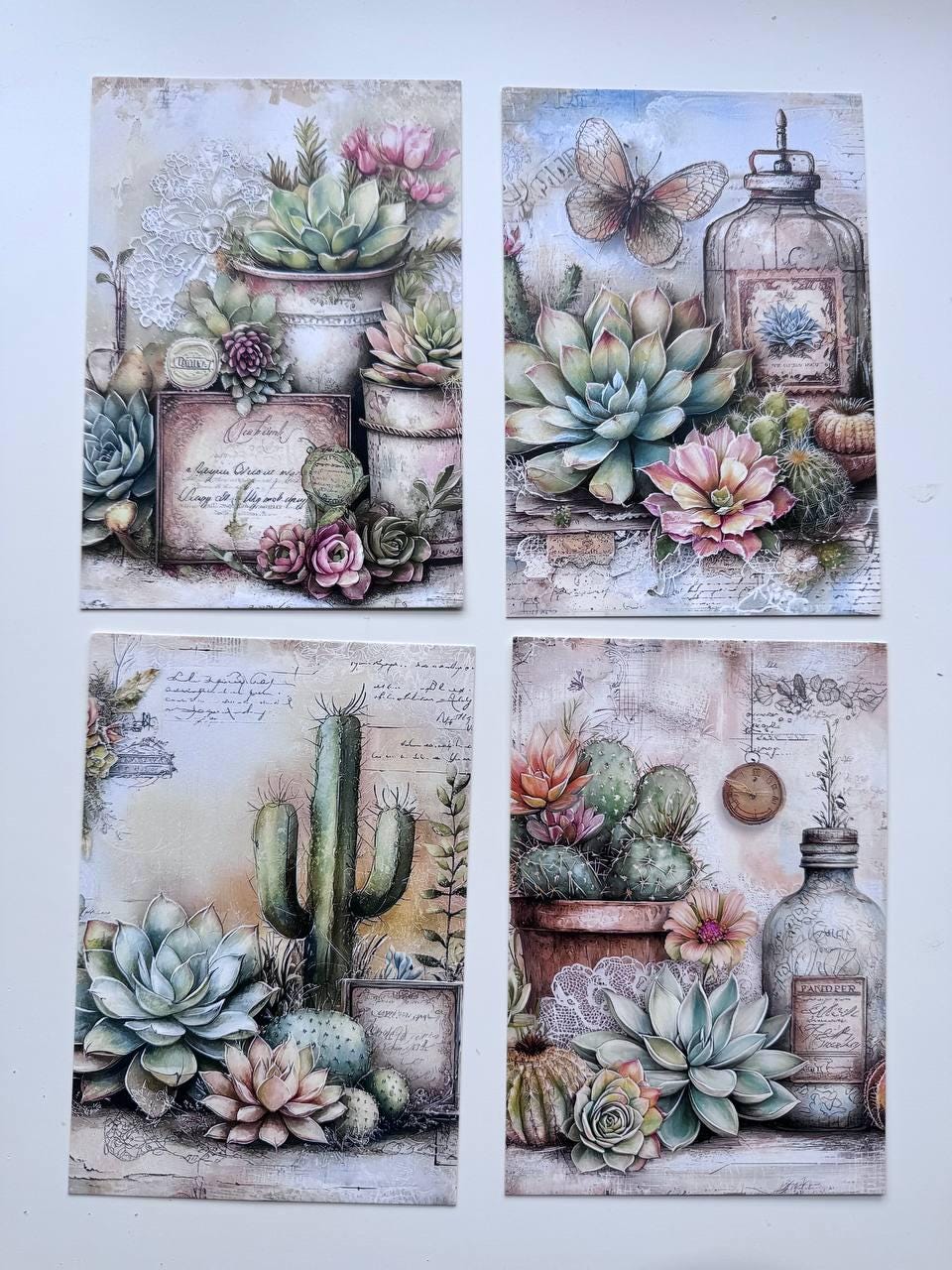 Set of 20 Succulent & Cactus Postcards, Vintage Botanical Cards, Junk Journal Ephemera, Scrapbooking Supplies, Cottagecore Paper Cards