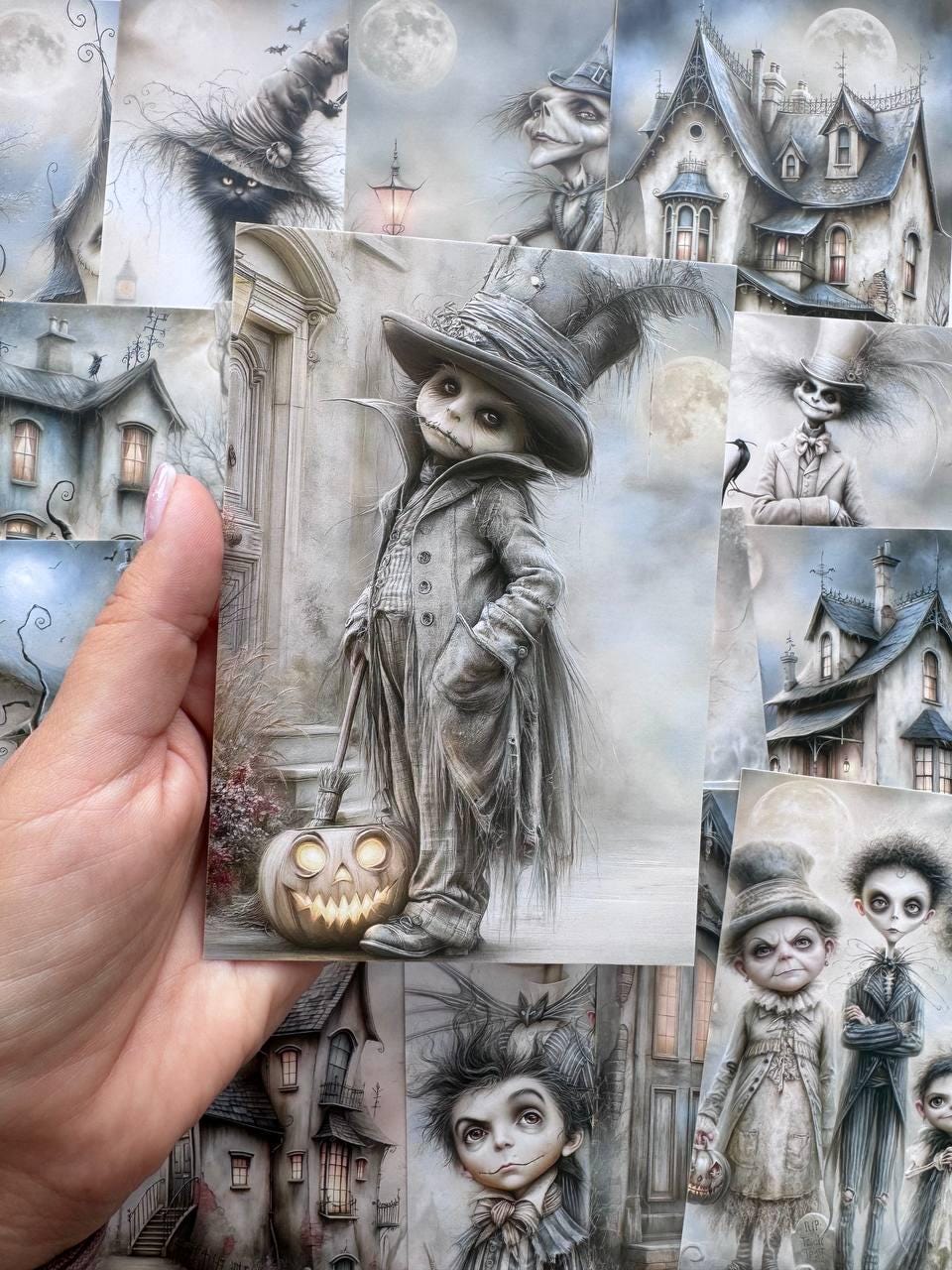 Set of 20 Halloween Gothic Postcards, Spooky Witch Cards, Haunted House Ephemera, Junk Journal Supplies, Dark Gothic Scrapbooking