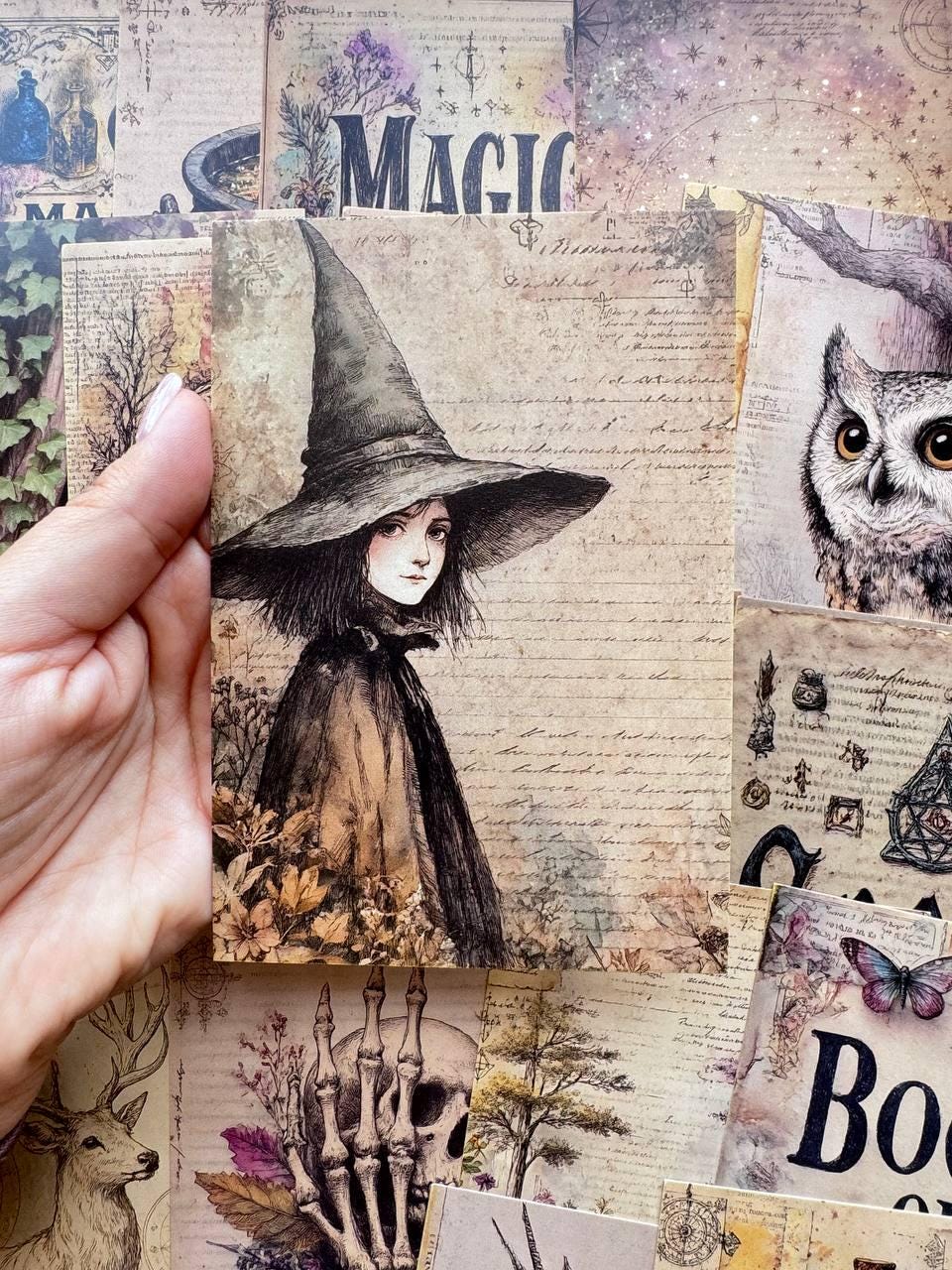 Set of 20 Witchy Postcards, Vintage Magic Ephemera, Gothic Junk Journal Cards, Witch Scrapbooking Supplies, Occult Paper, Halloween Craft