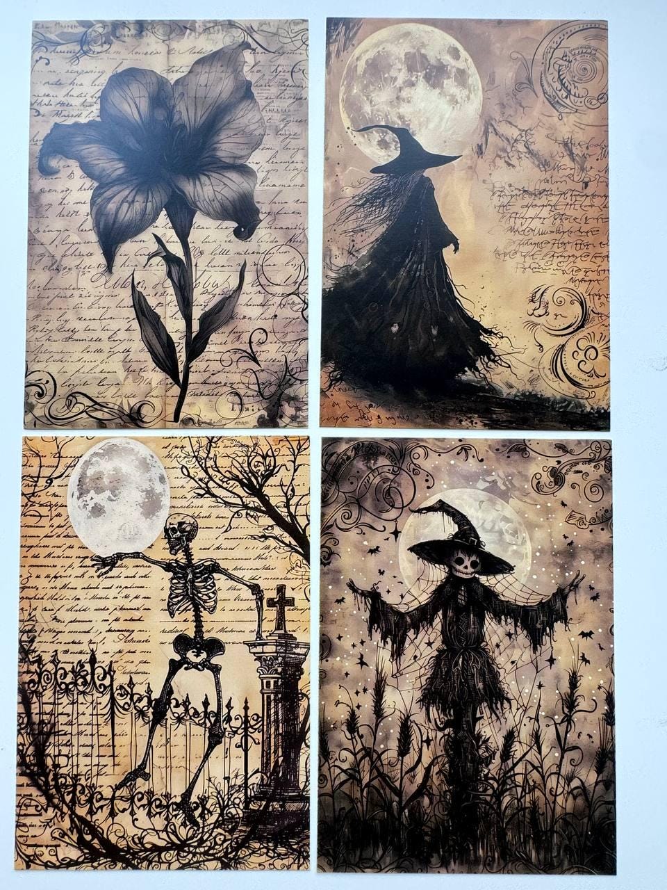 Set of 20 Halloween Postcards, Gothic Junk Journal Cards, Spooky Ephemera, Witch Scrapbooking Supplies, Vintage Halloween Paper Craft