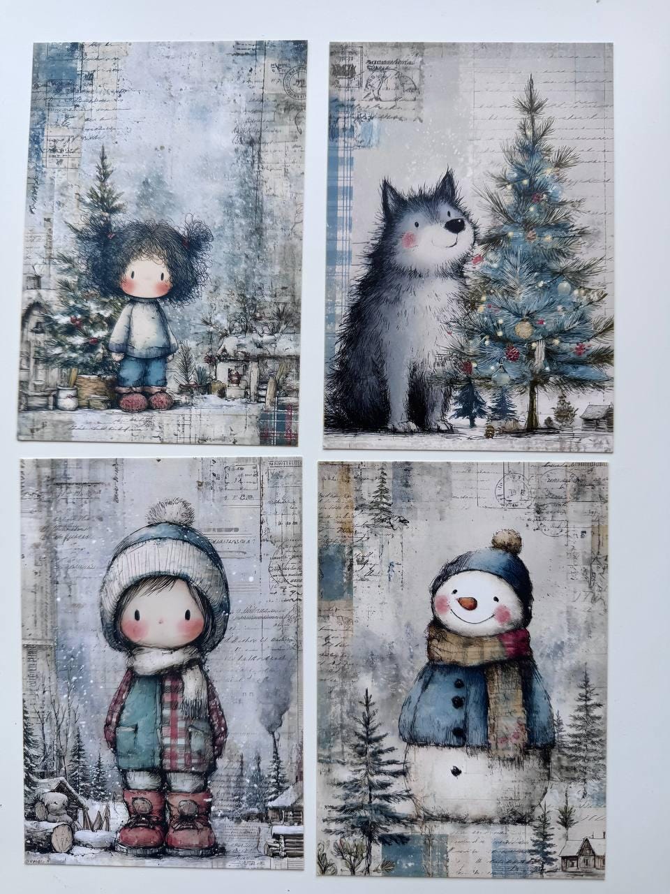 Set of 20 Winter Christmas Journal Cards, Whimsical Ephemera, Snowman & Angel Cards, Junk Journal Supplies, Scrapbooking, Winter Crafts
