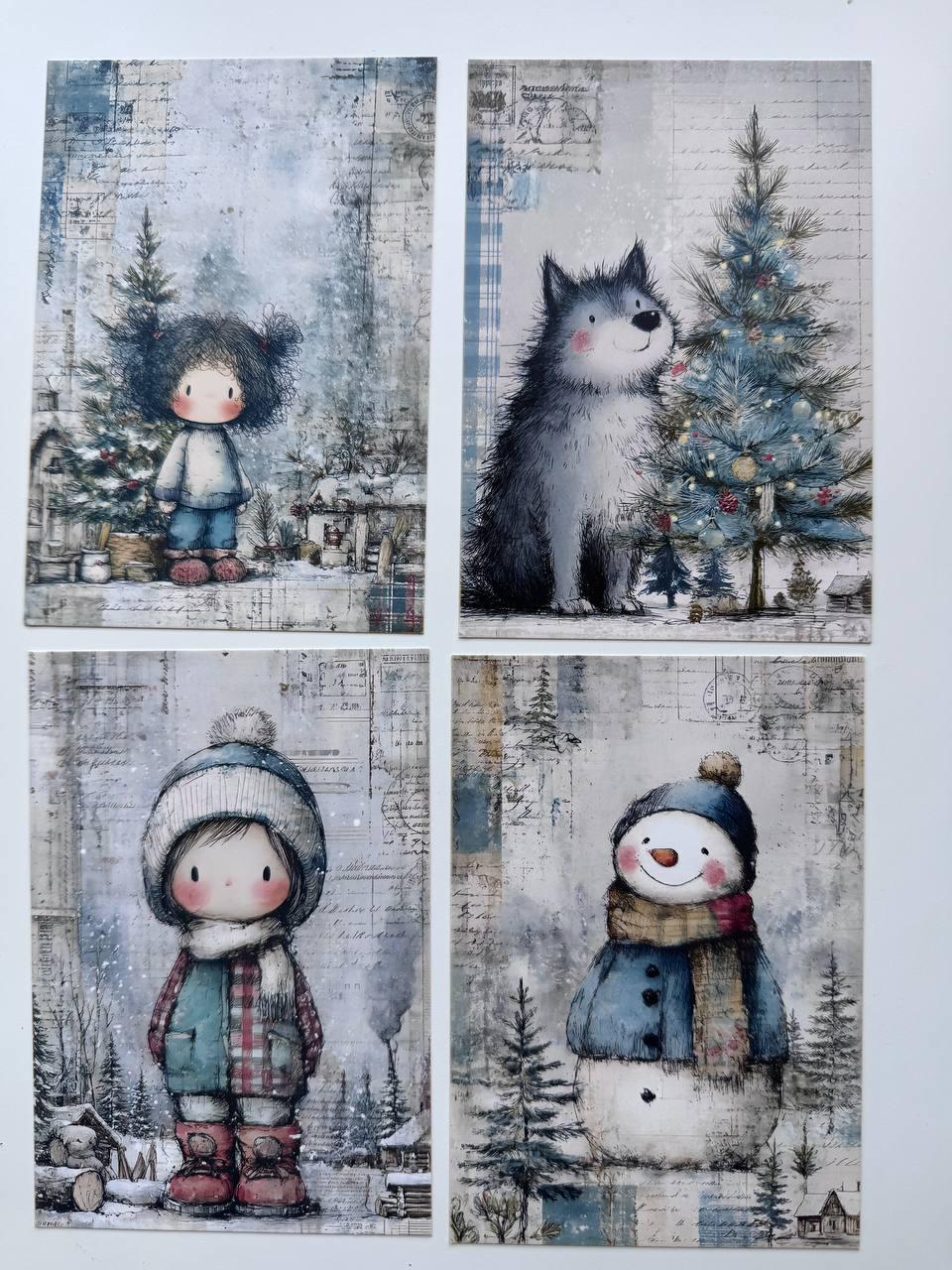 Set of 20 Winter Christmas Journal Cards, Whimsical Ephemera, Snowman & Angel Cards, Junk Journal Supplies, Scrapbooking, Winter Crafts