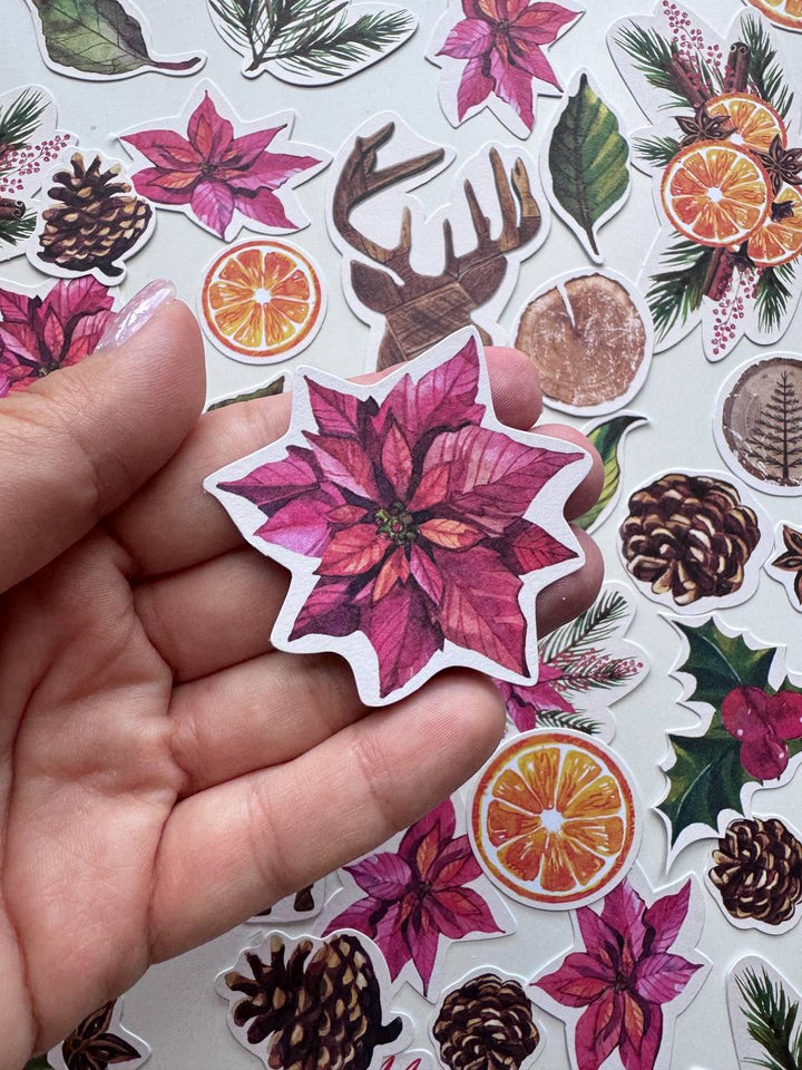 61 Christmas Die Cuts, Winter Botanical Ephemera, Poinsettia & Deer Cardstock Pieces, NOT Stickers, No Adhesive, Junk Journal