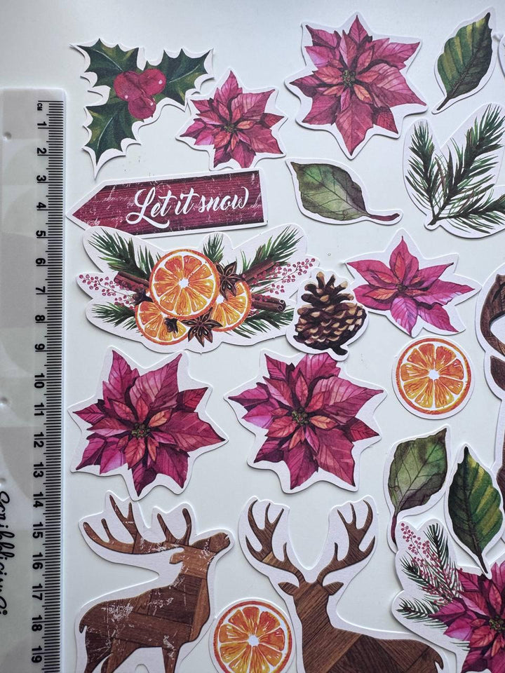 61 Christmas Die Cuts, Winter Botanical Ephemera, Poinsettia & Deer Cardstock Pieces, NOT Stickers, No Adhesive, Junk Journal