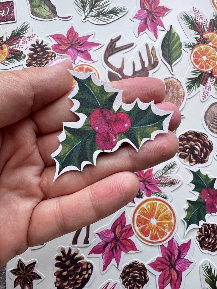 61 Christmas Die Cuts, Winter Botanical Ephemera, Poinsettia & Deer Cardstock Pieces, NOT Stickers, No Adhesive, Junk Journal