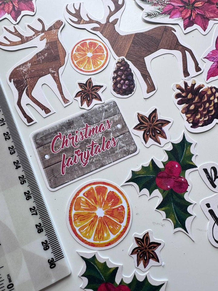 61 Christmas Die Cuts, Winter Botanical Ephemera, Poinsettia & Deer Cardstock Pieces, NOT Stickers, No Adhesive, Junk Journal