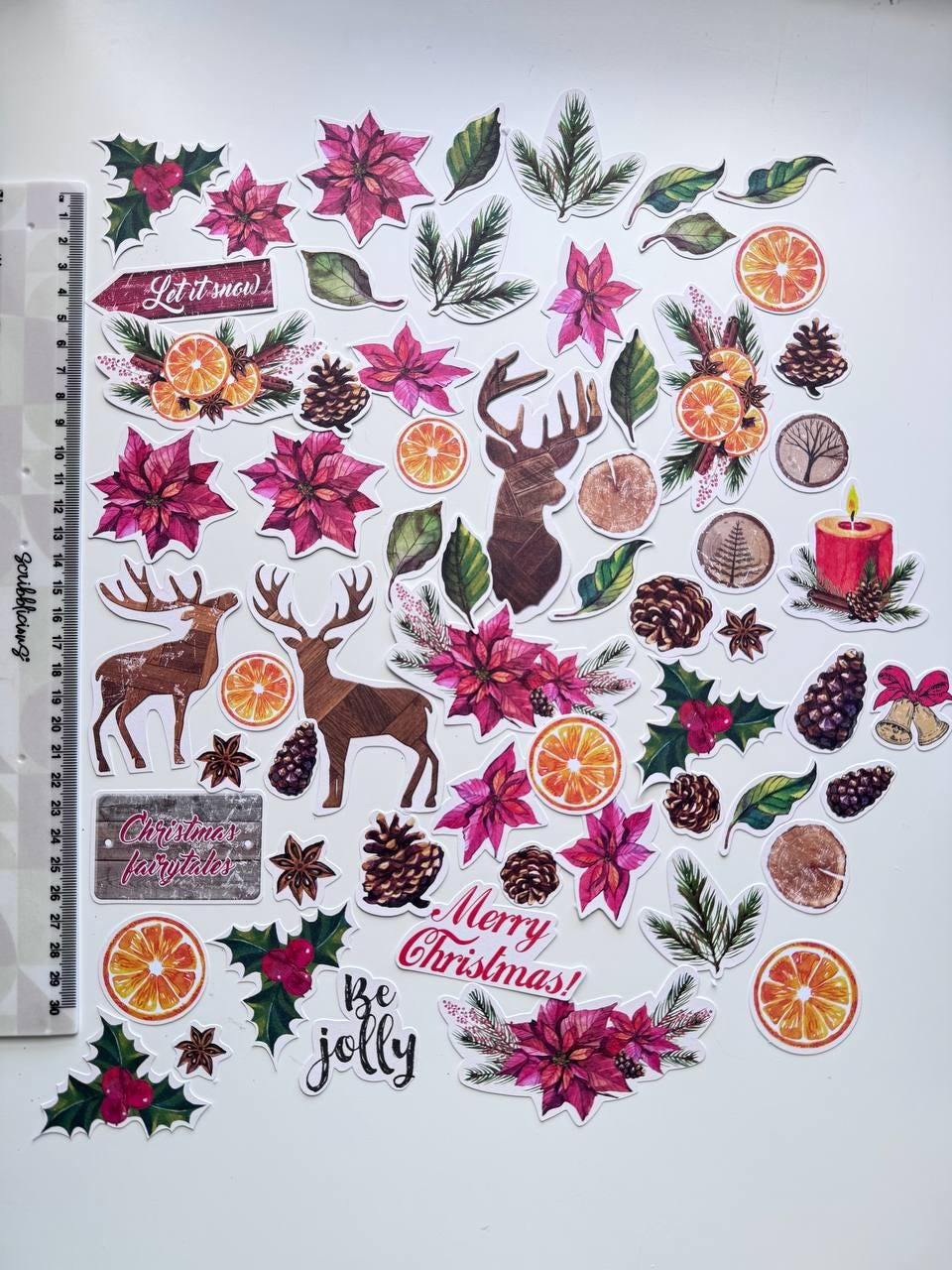 61 Christmas Die Cuts, Winter Botanical Ephemera, Poinsettia & Deer Cardstock Pieces, NOT Stickers, No Adhesive, Junk Journal