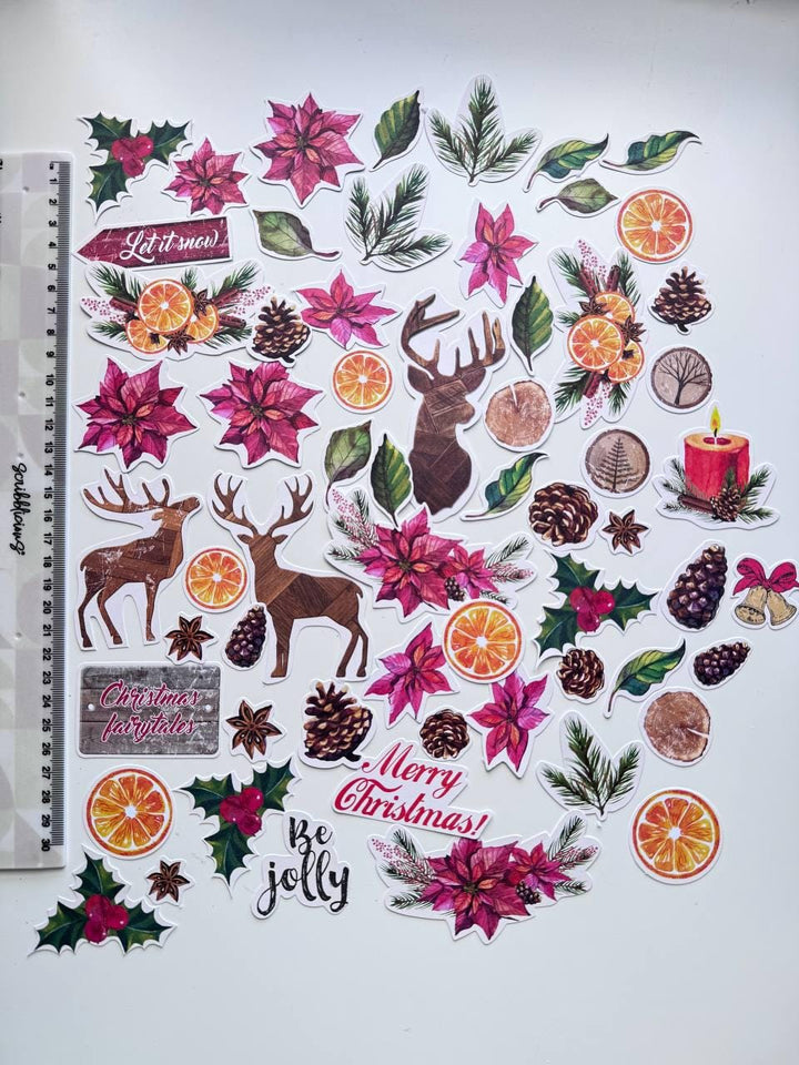 61 Christmas Die Cuts, Winter Botanical Ephemera, Poinsettia & Deer Cardstock Pieces, NOT Stickers, No Adhesive, Junk Journal