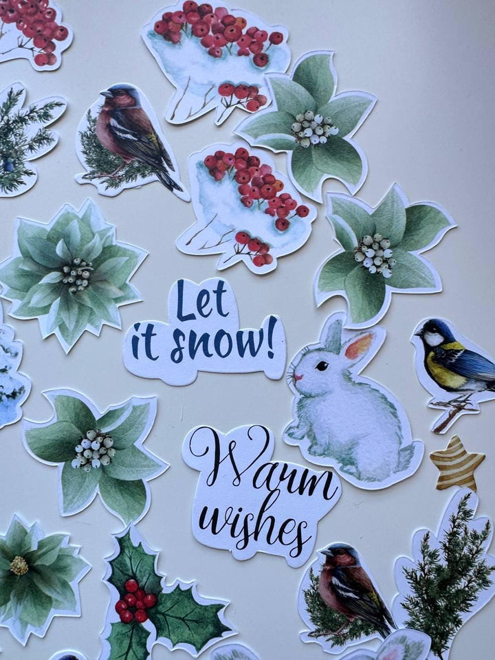 52 Winter Die Cuts, Country Winter Ephemera, Deer Rabbit Birds & Botanical Cardstock Pieces, NOT Stickers, No Adhesive