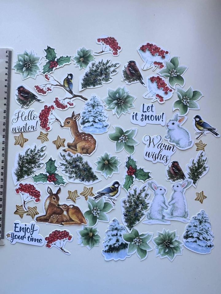 52 Winter Die Cuts, Country Winter Ephemera, Deer Rabbit Birds & Botanical Cardstock Pieces, NOT Stickers, No Adhesive