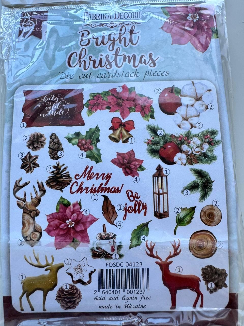 61 Christmas Die Cuts, Bright Christmas Ephemera, Poinsettia Deer Pinecones Cardstock Pieces, NOT Stickers, No Adhesive
