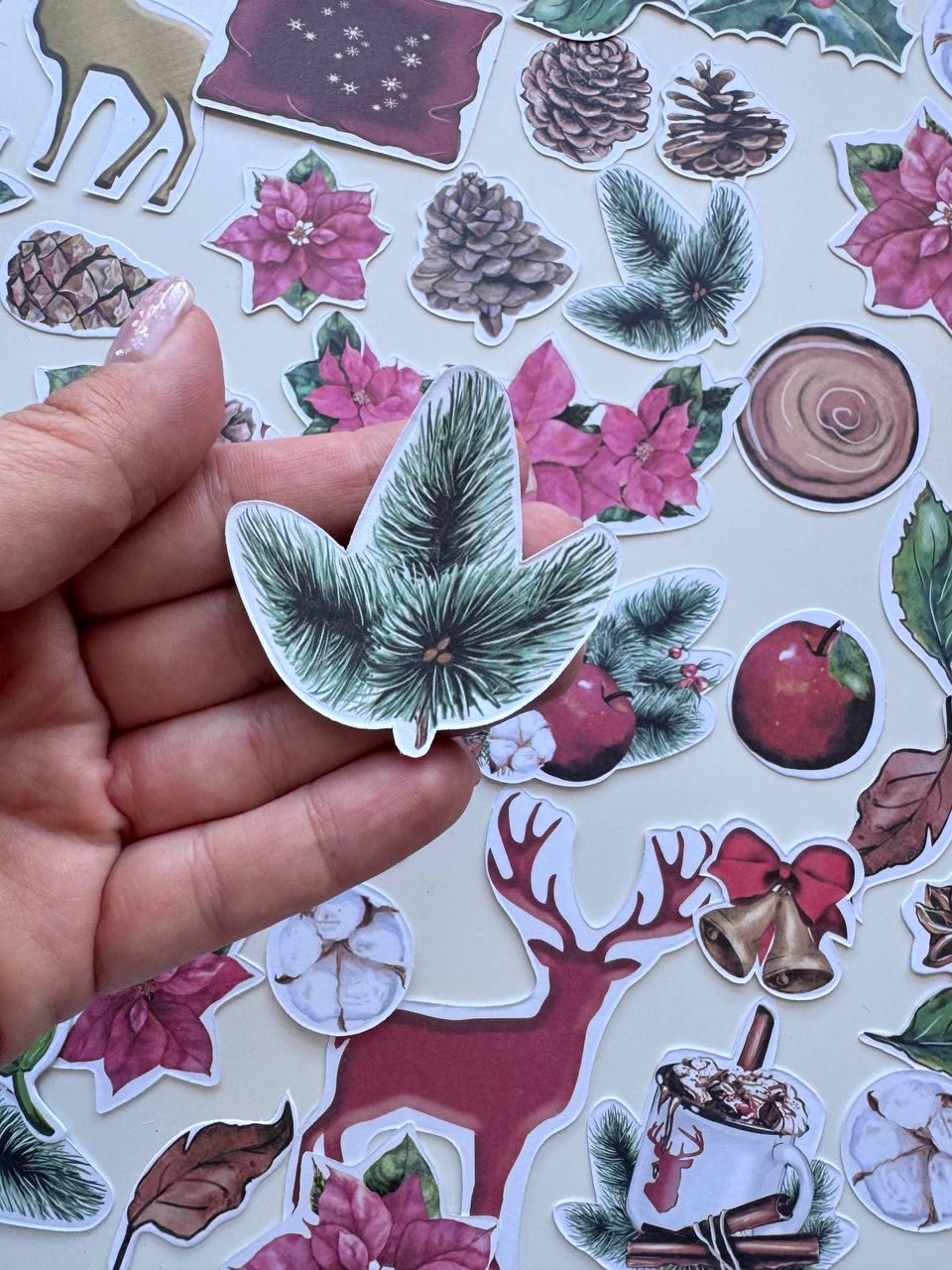 61 Christmas Die Cuts, Bright Christmas Ephemera, Poinsettia Deer Pinecones Cardstock Pieces, NOT Stickers, No Adhesive