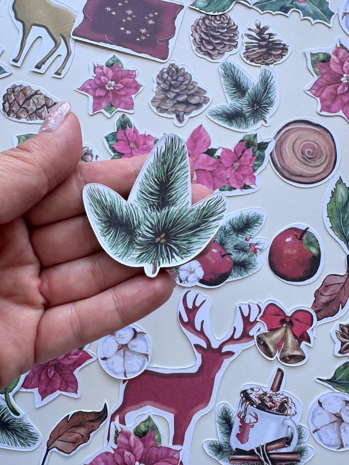 61 Christmas Die Cuts, Bright Christmas Ephemera, Poinsettia Deer Pinecones Cardstock Pieces, NOT Stickers, No Adhesive
