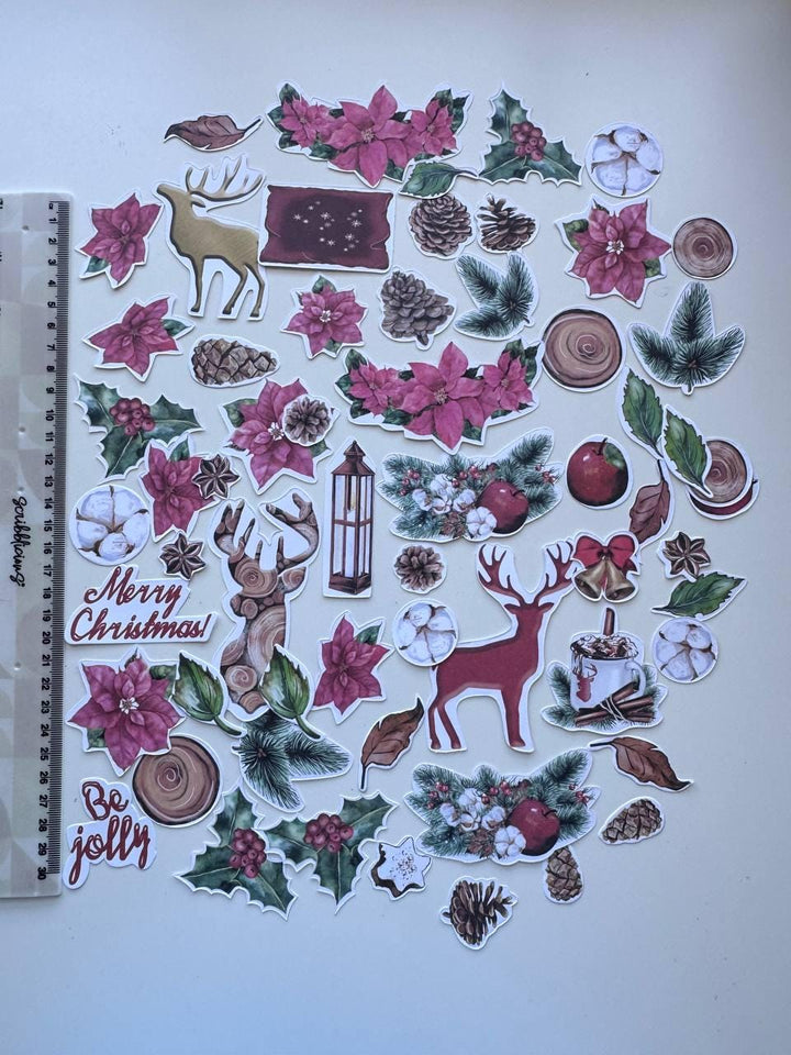 61 Christmas Die Cuts, Bright Christmas Ephemera, Poinsettia Deer Pinecones Cardstock Pieces, NOT Stickers, No Adhesive