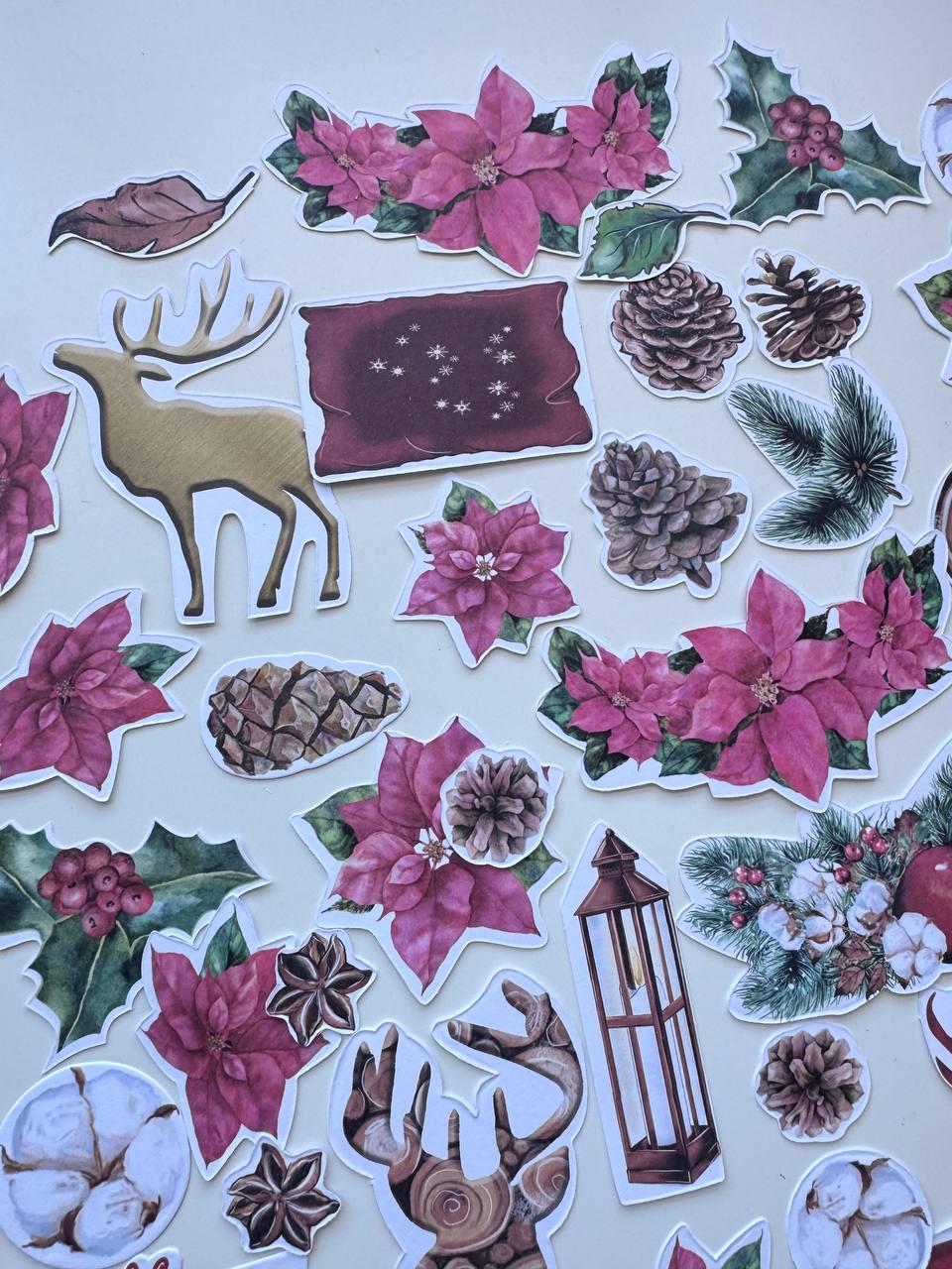 61 Christmas Die Cuts, Bright Christmas Ephemera, Poinsettia Deer Pinecones Cardstock Pieces, NOT Stickers, No Adhesive