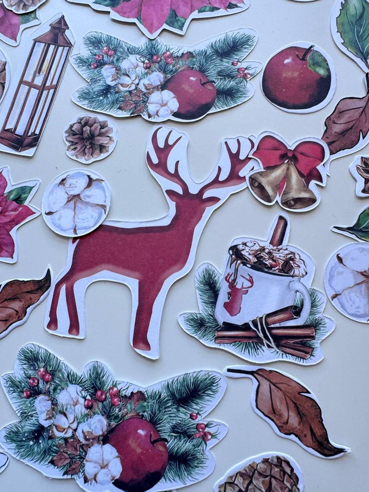 61 Christmas Die Cuts, Bright Christmas Ephemera, Poinsettia Deer Pinecones Cardstock Pieces, NOT Stickers, No Adhesive