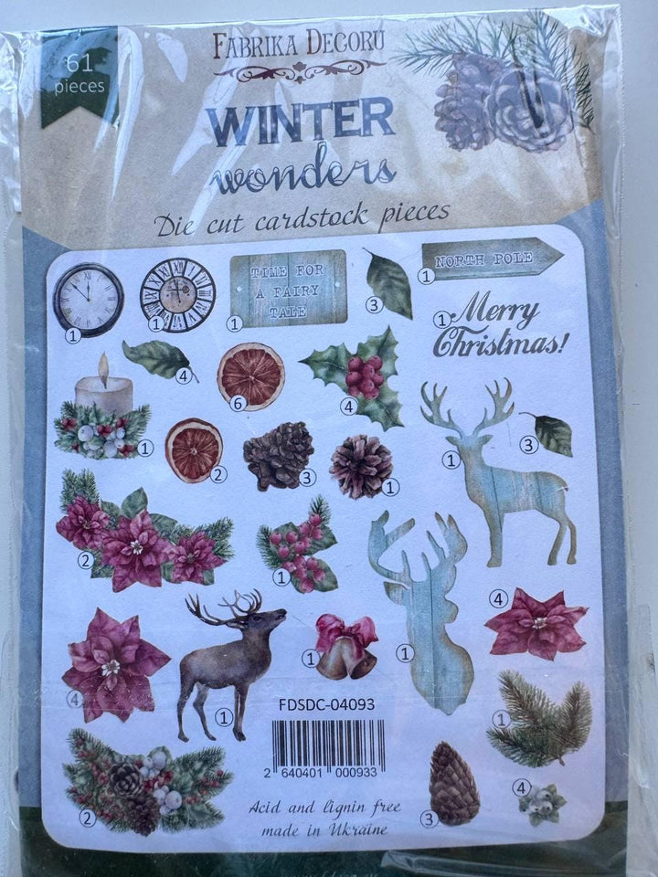61 Winter Die Cuts, Winter Wonders Christmas Ephemera, Deer Poinsettia Pinecones, NOT Stickers, No Adhesive Cardstock Pieces