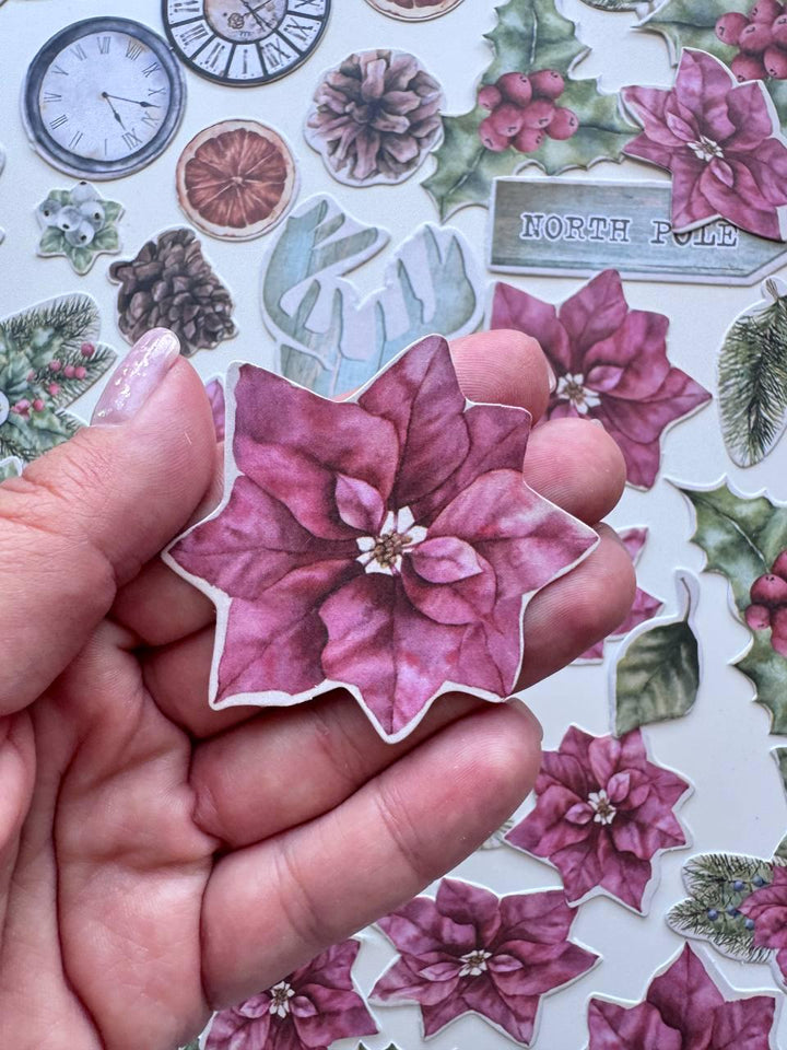 61 Winter Die Cuts, Winter Wonders Christmas Ephemera, Deer Poinsettia Pinecones, NOT Stickers, No Adhesive Cardstock Pieces