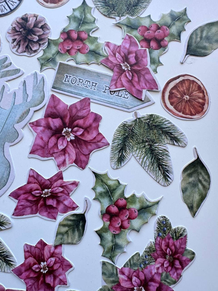 61 Winter Die Cuts, Winter Wonders Christmas Ephemera, Deer Poinsettia Pinecones, NOT Stickers, No Adhesive Cardstock Pieces