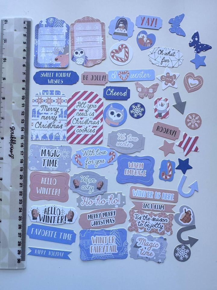 50 Hygge Winter Die Cuts, Christmas Words & Labels, Winter Ephemera, Cardstock Pieces, NOT Stickers, No Adhesive