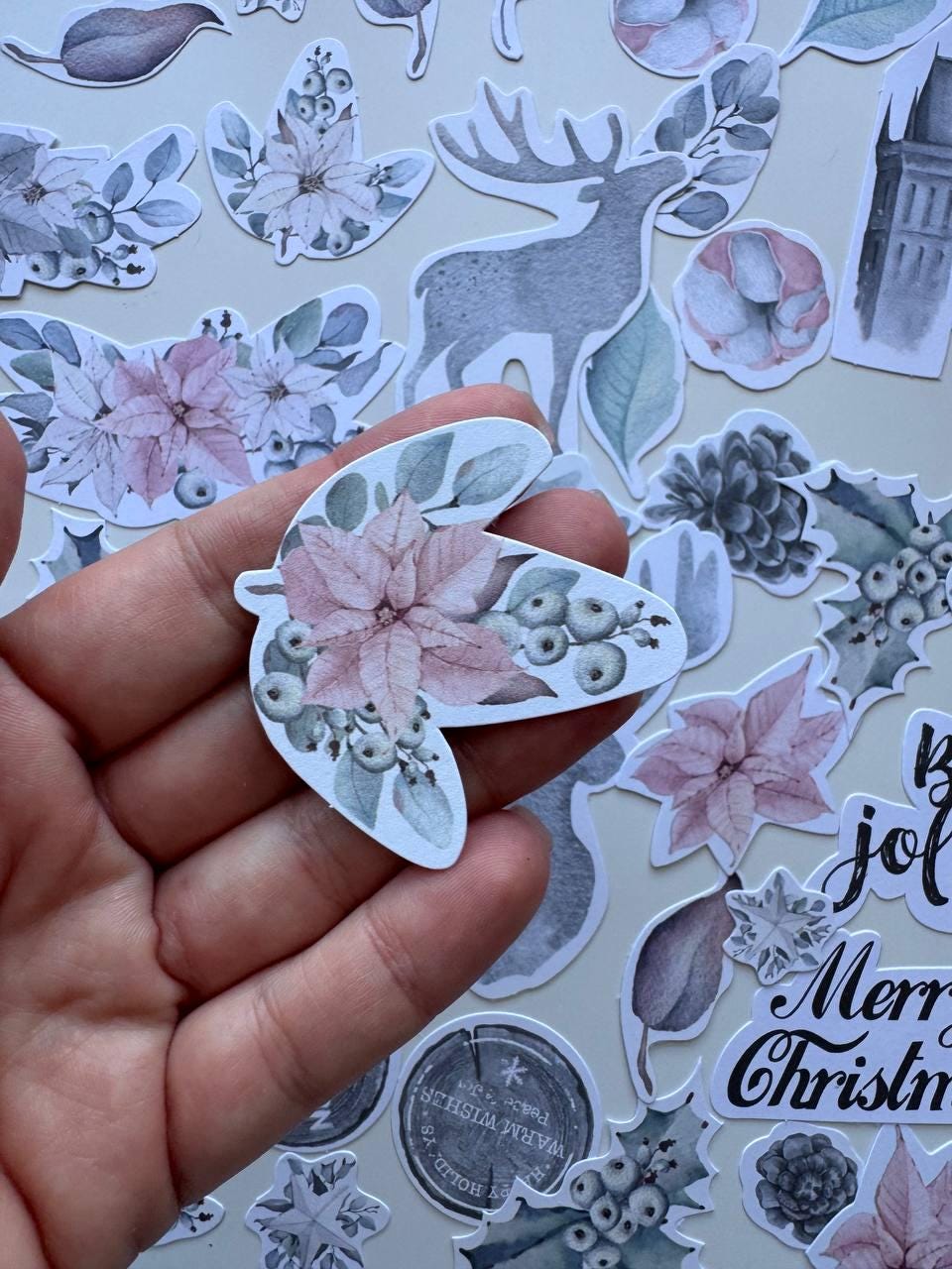 61 Winter Melody Die Cuts, Christmas Floral & Deer Ephemera, Cardstock Pieces, NOT Stickers, No Adhesive, Junk Journal