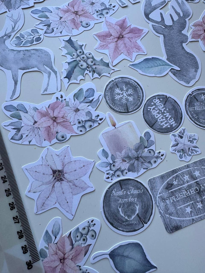 61 Winter Melody Die Cuts, Christmas Floral & Deer Ephemera, Cardstock Pieces, NOT Stickers, No Adhesive, Junk Journal