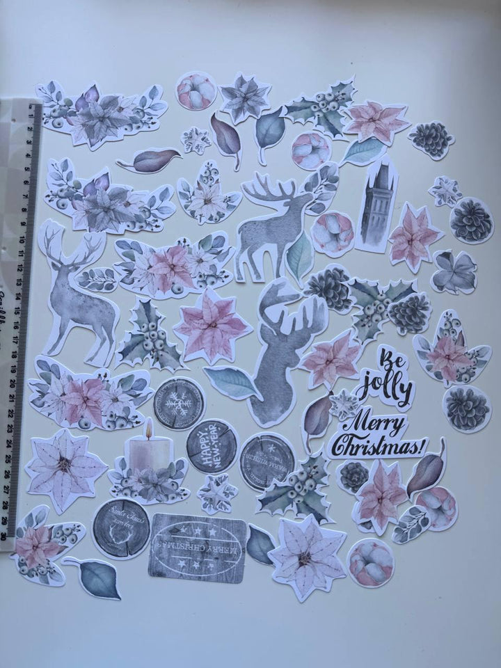 61 Winter Melody Die Cuts, Christmas Floral & Deer Ephemera, Cardstock Pieces, NOT Stickers, No Adhesive, Junk Journal