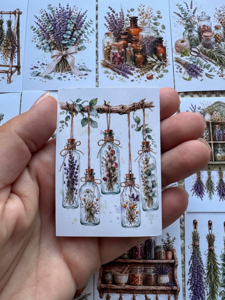 16 Botanical Herb Stickers, Lavender Apothecary Watercolor Stickers, Cottagecore Junk Journal Scrapbook Planner Botanical Decor
