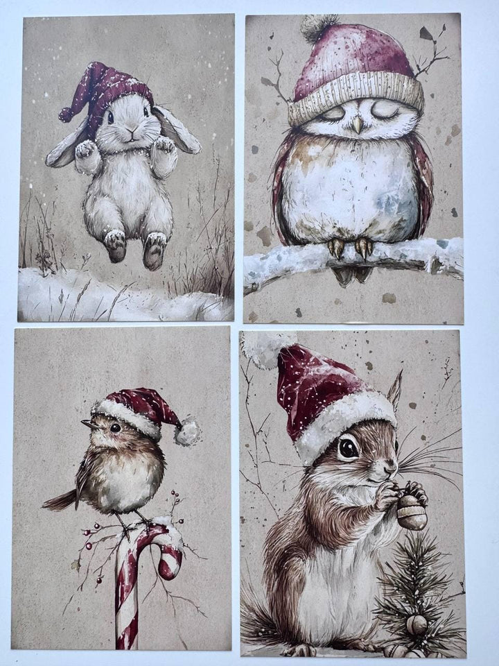 Set of 20 Christmas Woodland Animal Postcards, Winter Wildlife Cards, 10 x 14.5 cm, 20 Different Designs, Single-Sided Cards