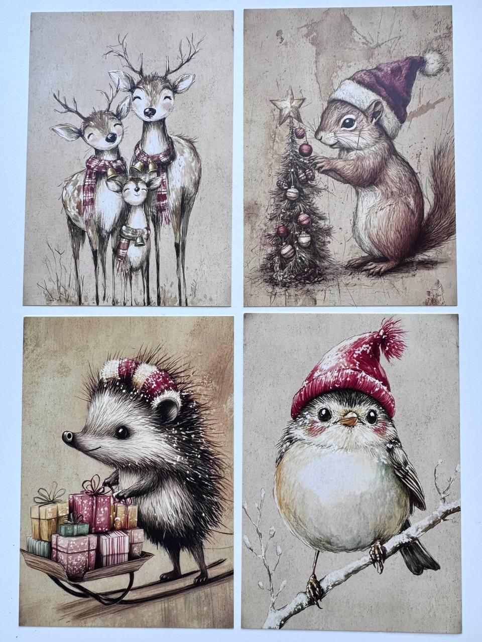 Set of 20 Christmas Woodland Animal Postcards, Winter Wildlife Cards, 10 x 14.5 cm, 20 Different Designs, Single-Sided Cards