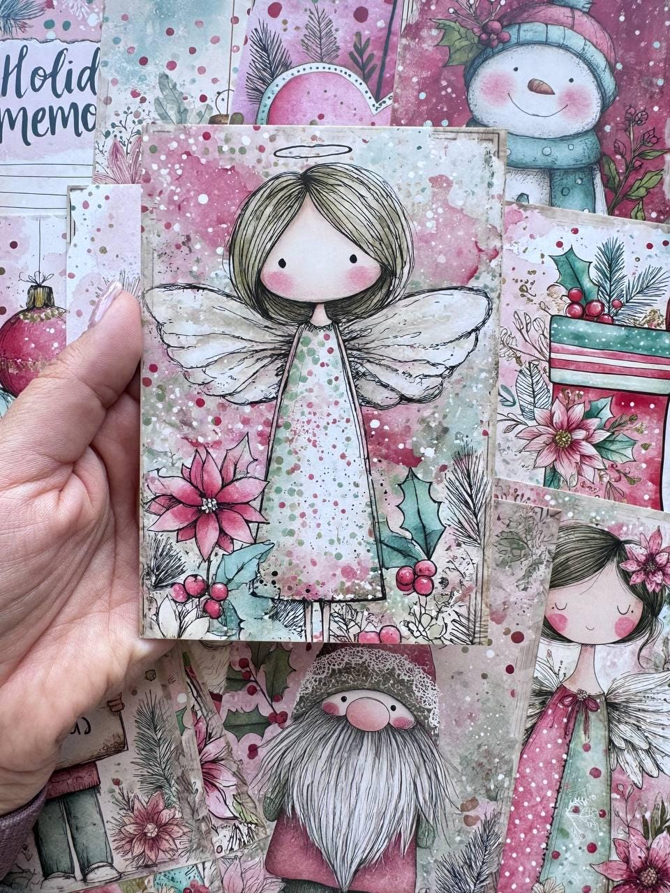 Set of 20 Pink Christmas Postcards, Cute Angel & Festive Cards, 10 x 14.5 cm, 20 Different Designs, Single-Sided Winter Cards