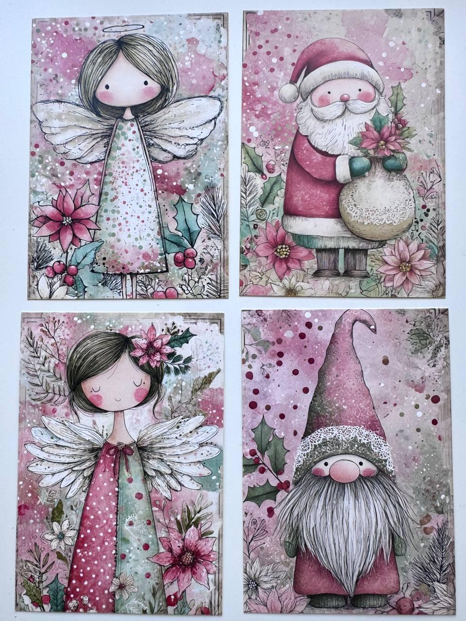 Set of 20 Pink Christmas Postcards, Cute Angel & Festive Cards, 10 x 14.5 cm, 20 Different Designs, Single-Sided Winter Cards