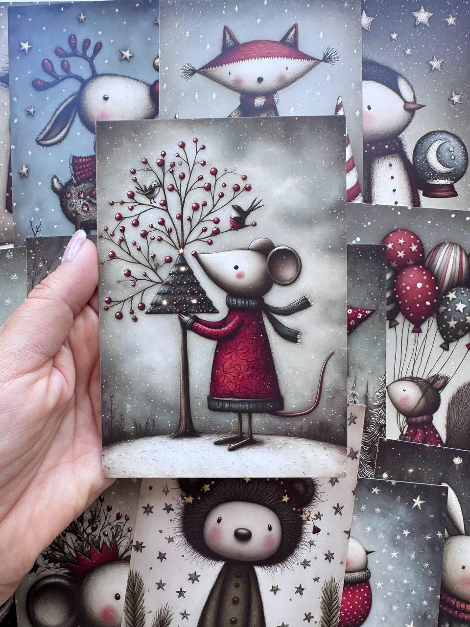 Set of 20 Christmas Animal Postcards, Cute Fox Mouse Bunny Cards, 10 x 14.5 cm, 20 Different Designs, Single-Sided Winter Cards