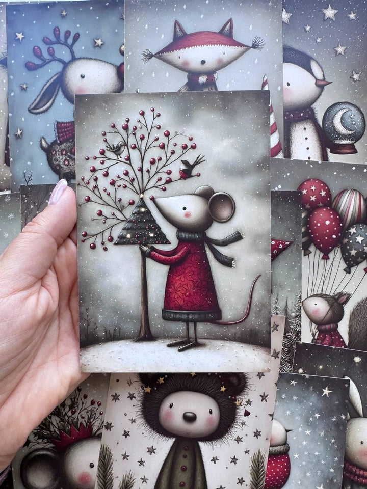 Set of 20 Christmas Animal Postcards, Cute Fox Mouse Bunny Cards, 10 x 14.5 cm, 20 Different Designs, Single-Sided Winter Cards
