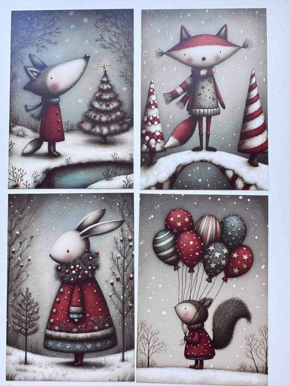 Set of 20 Christmas Animal Postcards, Cute Fox Mouse Bunny Cards, 10 x 14.5 cm, 20 Different Designs, Single-Sided Winter Cards