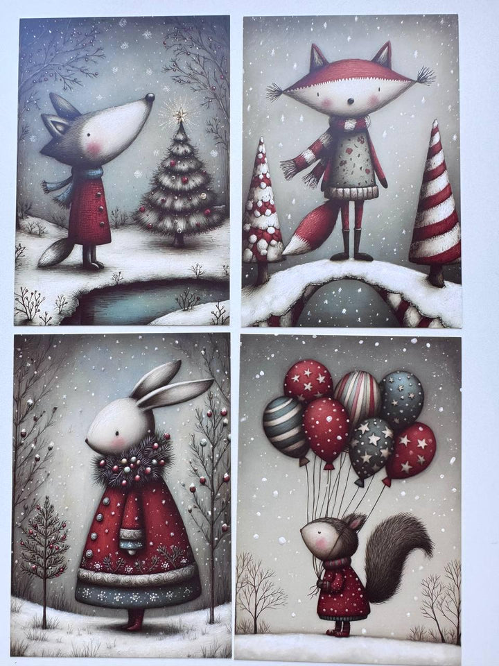 Set of 20 Christmas Animal Postcards, Cute Fox Mouse Bunny Cards, 10 x 14.5 cm, 20 Different Designs, Single-Sided Winter Cards