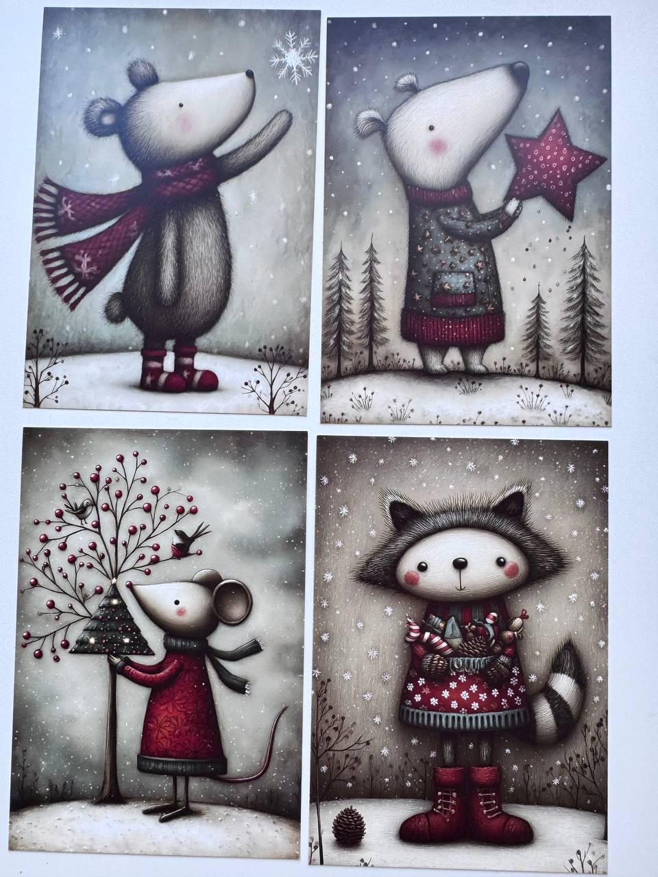 Set of 20 Christmas Animal Postcards, Cute Fox Mouse Bunny Cards, 10 x 14.5 cm, 20 Different Designs, Single-Sided Winter Cards