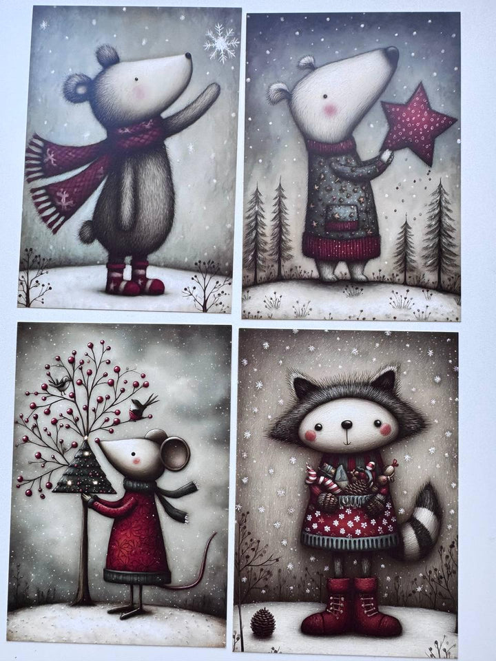 Set of 20 Christmas Animal Postcards, Cute Fox Mouse Bunny Cards, 10 x 14.5 cm, 20 Different Designs, Single-Sided Winter Cards