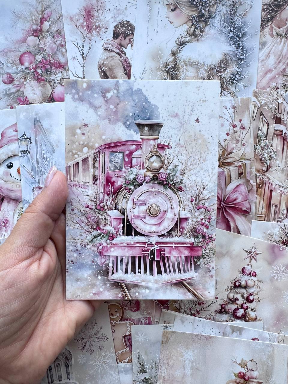 Set of 20 Pink Christmas Postcards, Vintage Santa Winter Cards, 10 x 14.5 cm, 20 Different Designs, Single-Sided Festive Cards