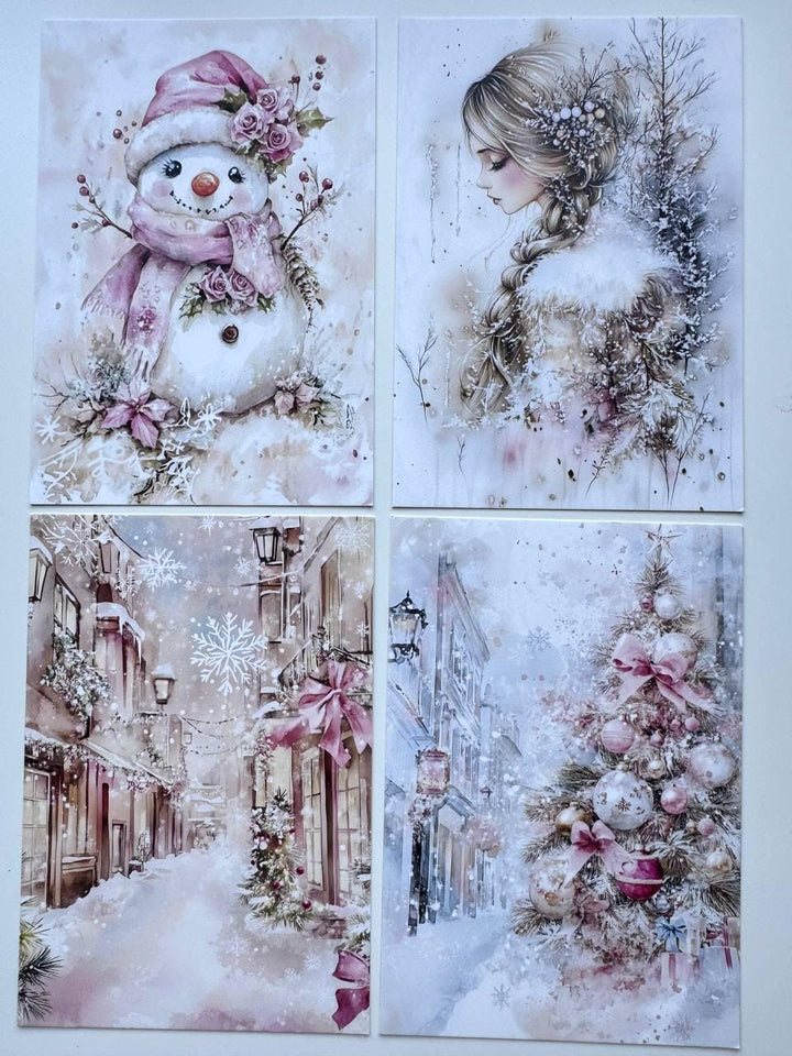 Set of 20 Pink Christmas Postcards, Vintage Santa Winter Cards, 10 x 14.5 cm, 20 Different Designs, Single-Sided Festive Cards