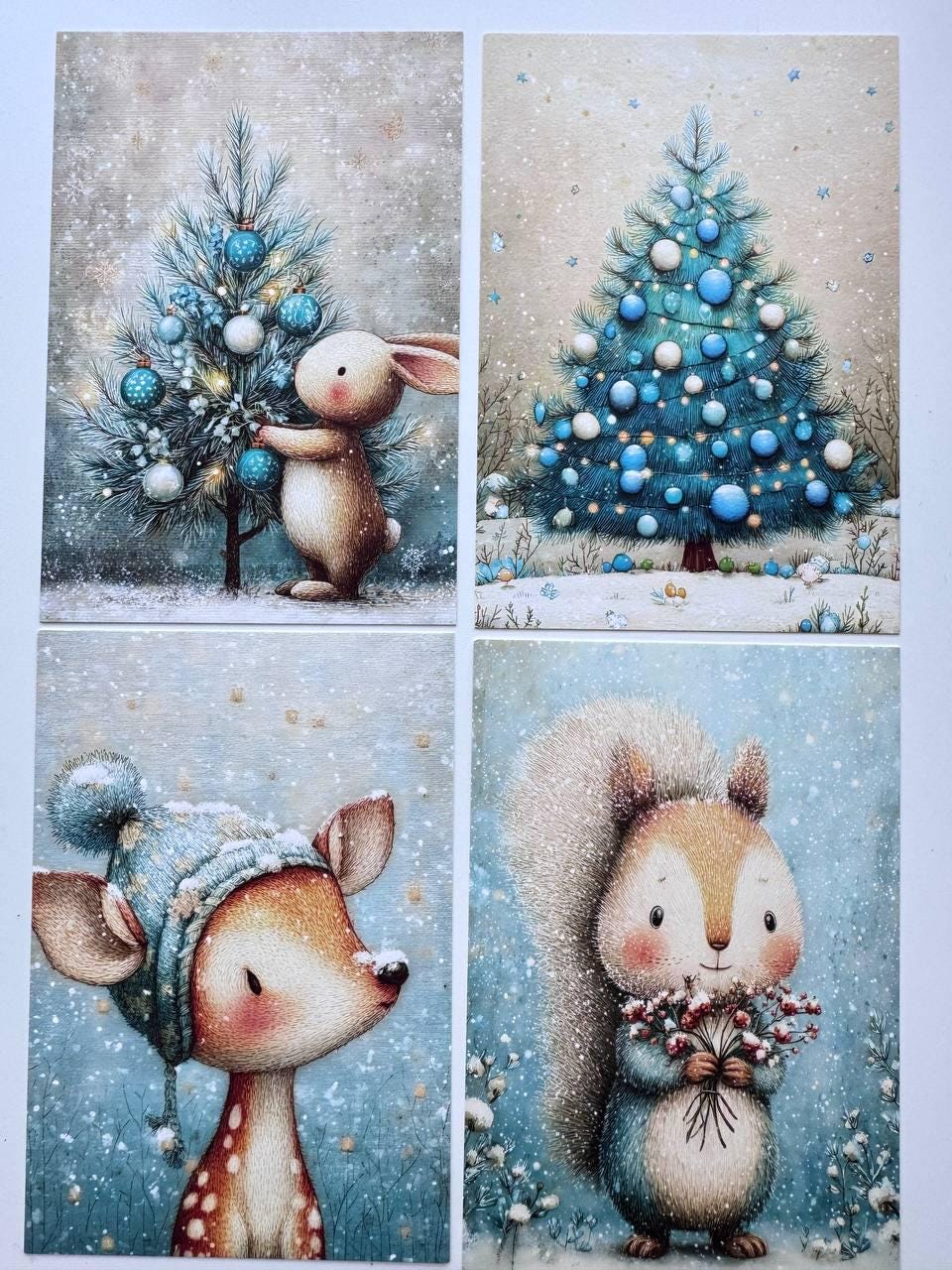 Set of 20 Woodland Christmas Postcards, Cute Deer Bunny Squirrel Cards, 10 x 14.5 cm, 20 Different Designs, Single-Sided Winter Cards