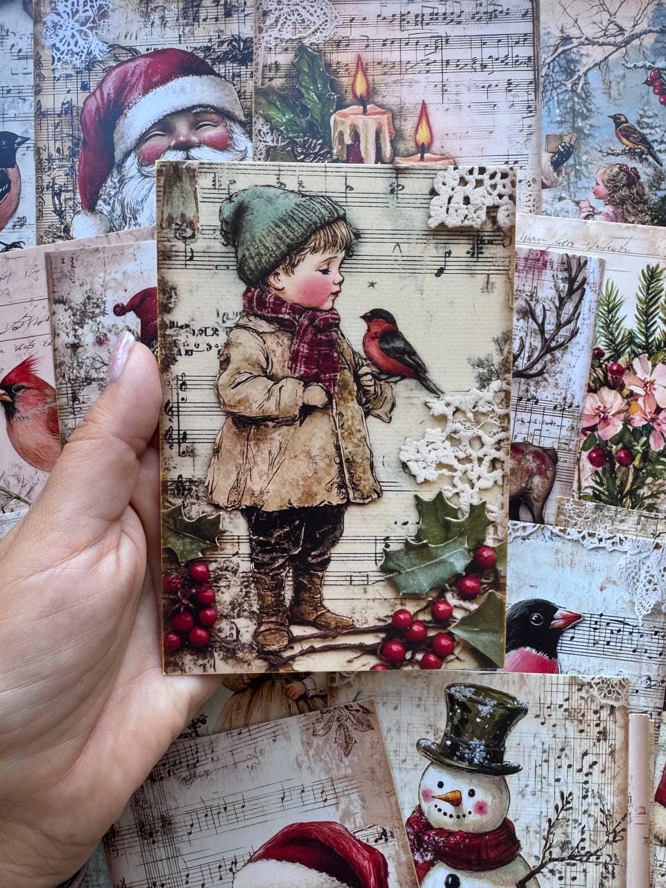Set of 20 Vintage Christmas Postcards, Santa & Winter Birds, 10 x 14.5 cm, 20 Different Designs, Single-Sided, Junk Journal Cards