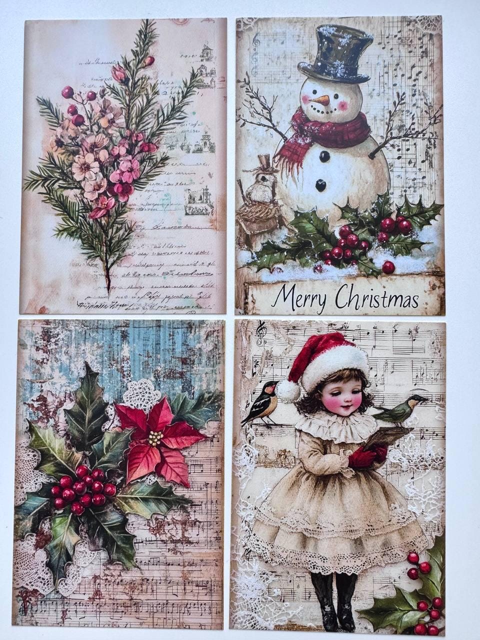 Set of 20 Vintage Christmas Postcards, Santa & Winter Birds, 10 x 14.5 cm, 20 Different Designs, Single-Sided, Junk Journal Cards