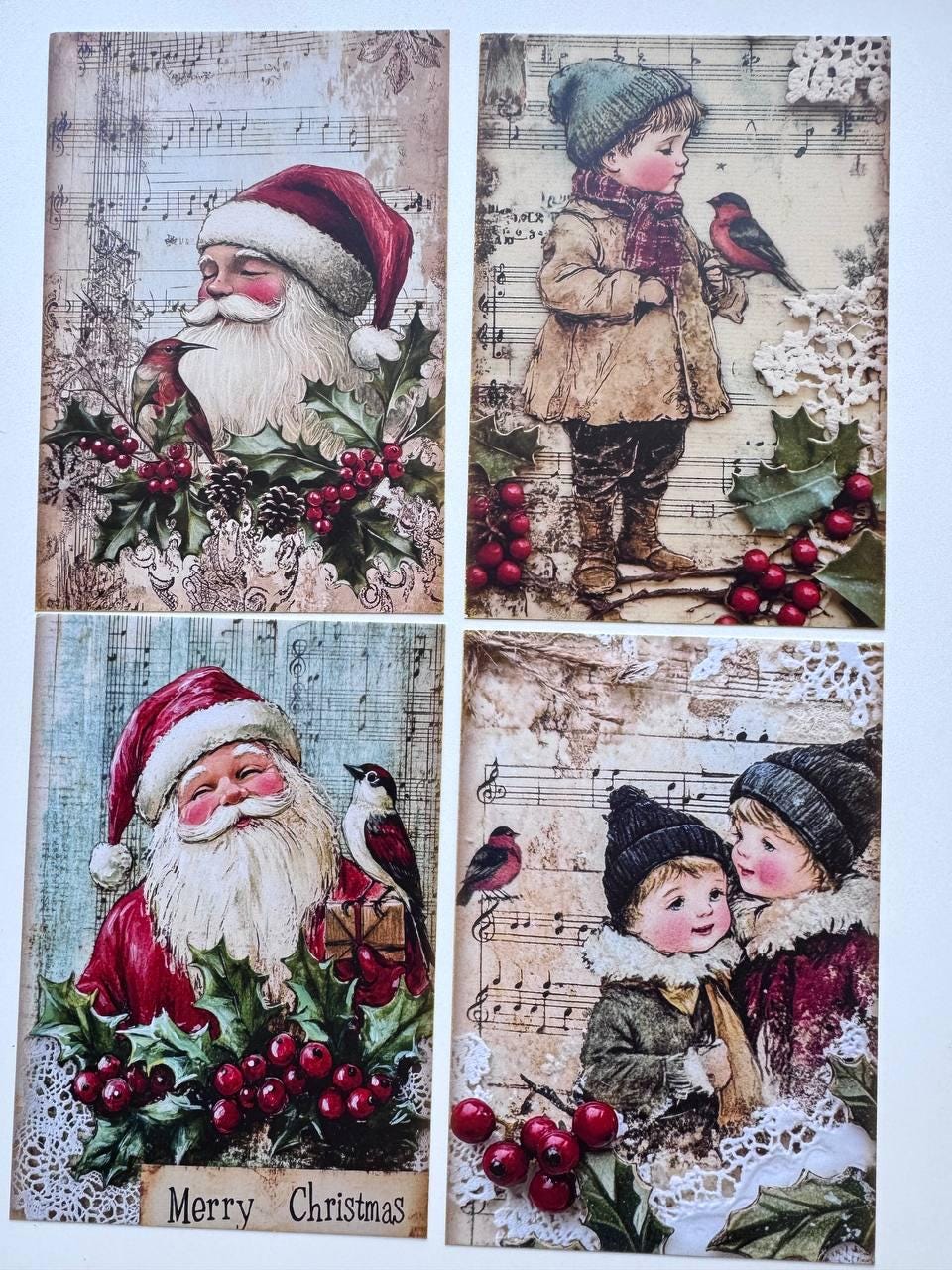 Set of 20 Vintage Christmas Postcards, Santa & Winter Birds, 10 x 14.5 cm, 20 Different Designs, Single-Sided, Junk Journal Cards
